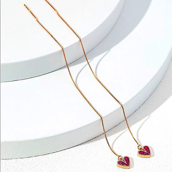 ROSE GOLD PLATED HEART ZIRCON THREADER EARRINGS - Picture 2 of 3